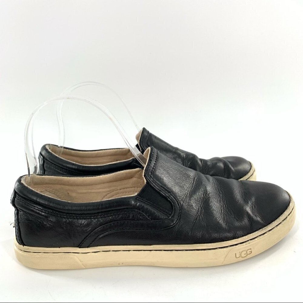 Ugg slip on sneakers size 8 39 black leather fleece wool lining flatforms - Picture 3 of 14
